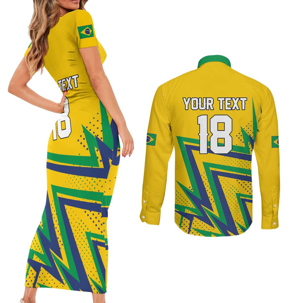 Custom Brazil Football Spirit Couples Matching Short Sleeve Bodycon Dress and Long Sleeve Button Shirt Selecao Canarinho Sporty Style - Wonder Print Shop