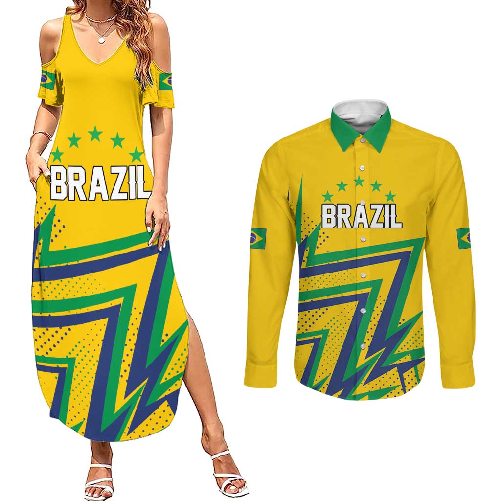 Custom Brazil Football Spirit Couples Matching Summer Maxi Dress and Long Sleeve Button Shirt Selecao Canarinho Sporty Style - Wonder Print Shop