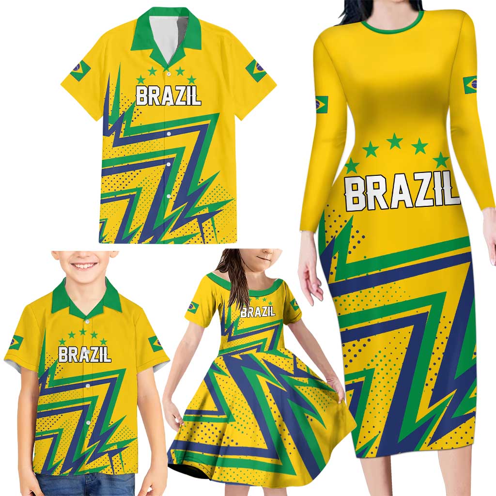 Custom Brazil Football Spirit Family Matching Long Sleeve Bodycon Dress and Hawaiian Shirt Selecao Canarinho Sporty Style - Wonder Print Shop