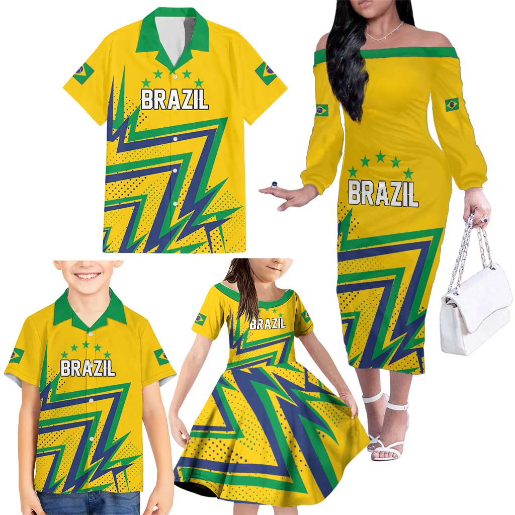 Custom Brazil Football Spirit Family Matching Off The Shoulder Long Sleeve Dress and Hawaiian Shirt Selecao Canarinho Sporty Style - Wonder Print Shop