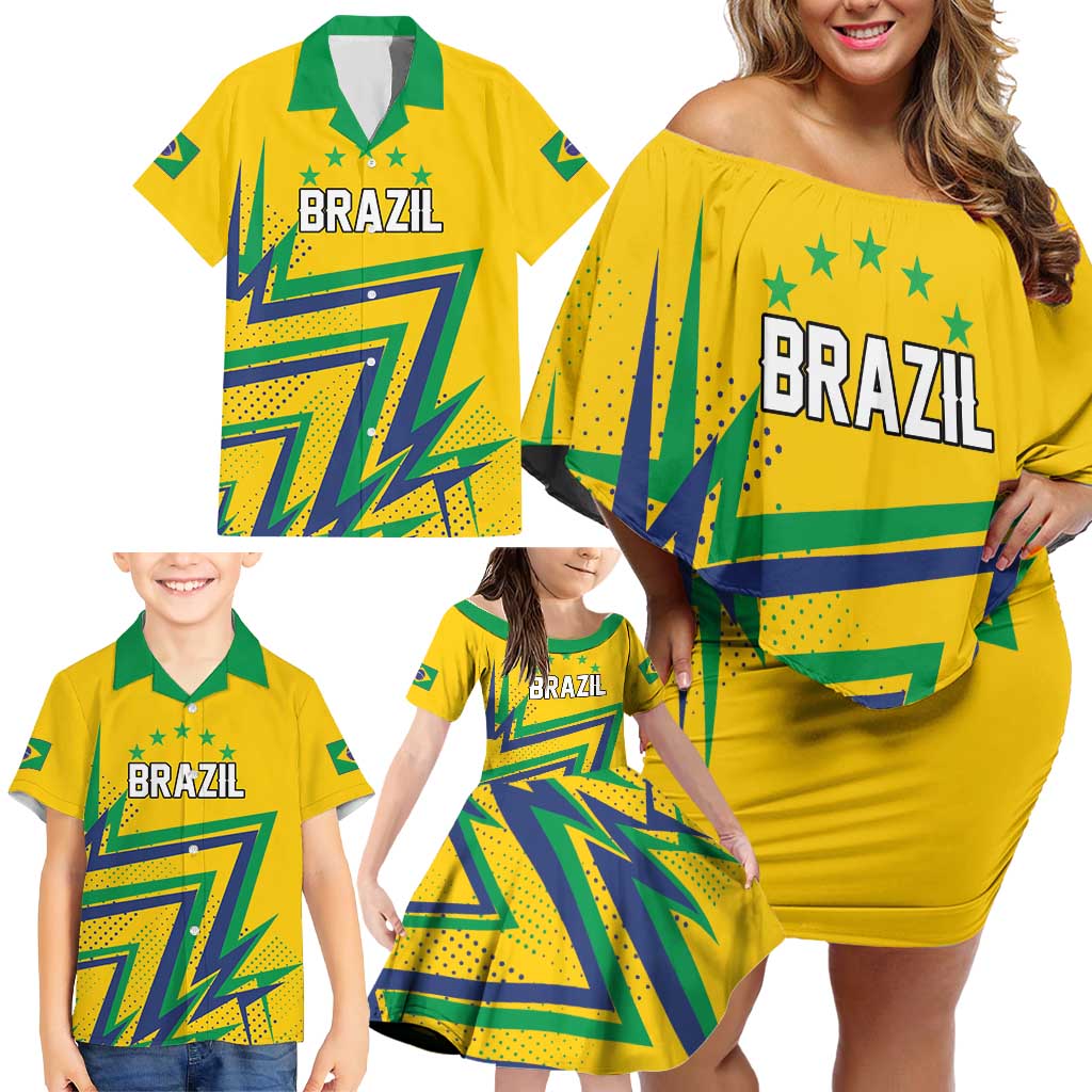 Custom Brazil Football Spirit Family Matching Off Shoulder Short Dress and Hawaiian Shirt Selecao Canarinho Sporty Style - Wonder Print Shop