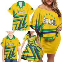 Custom Brazil Football Spirit Family Matching Off Shoulder Short Dress and Hawaiian Shirt Selecao Canarinho Sporty Style - Wonder Print Shop
