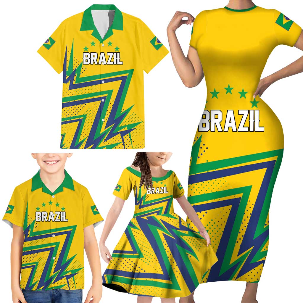 Custom Brazil Football Spirit Family Matching Short Sleeve Bodycon Dress and Hawaiian Shirt Selecao Canarinho Sporty Style - Wonder Print Shop