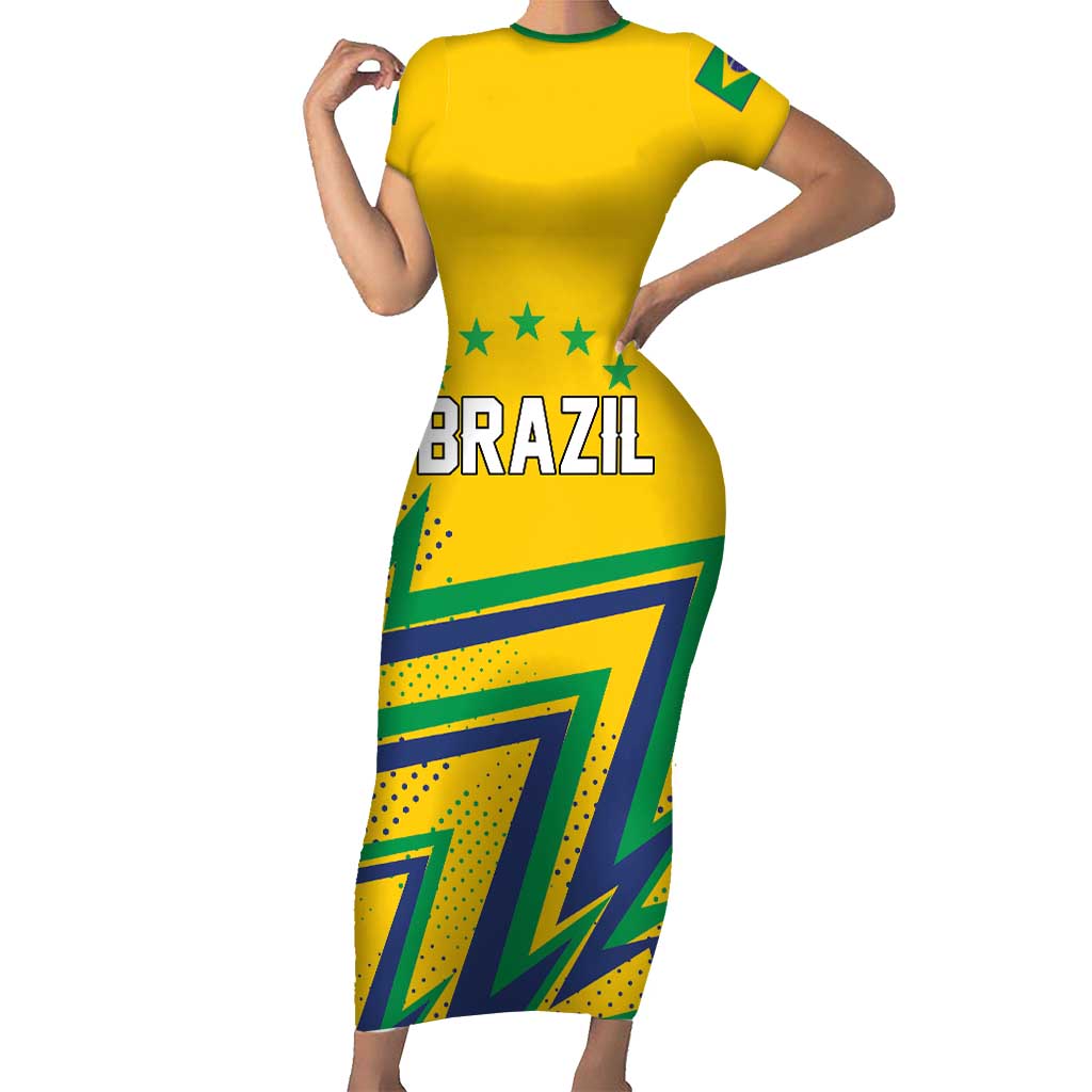 Custom Brazil Football Spirit Family Matching Short Sleeve Bodycon Dress and Hawaiian Shirt Selecao Canarinho Sporty Style - Wonder Print Shop