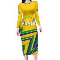 Custom Brazil Football Spirit Long Sleeve Bodycon Dress Selecao Canarinho Sporty Style - Wonder Print Shop