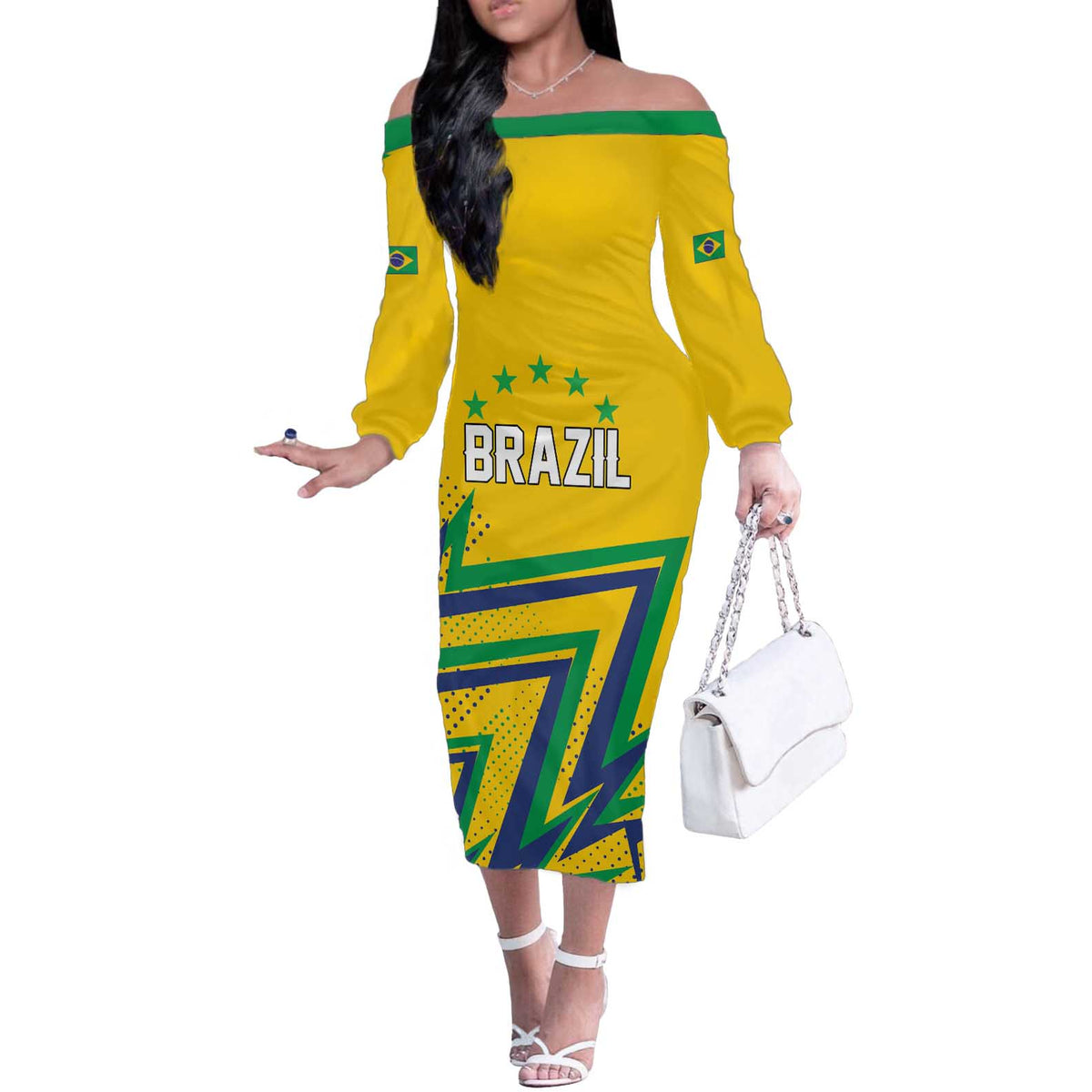 Custom Brazil Football Spirit Off The Shoulder Long Sleeve Dress Selecao Canarinho Sporty Style - Wonder Print Shop