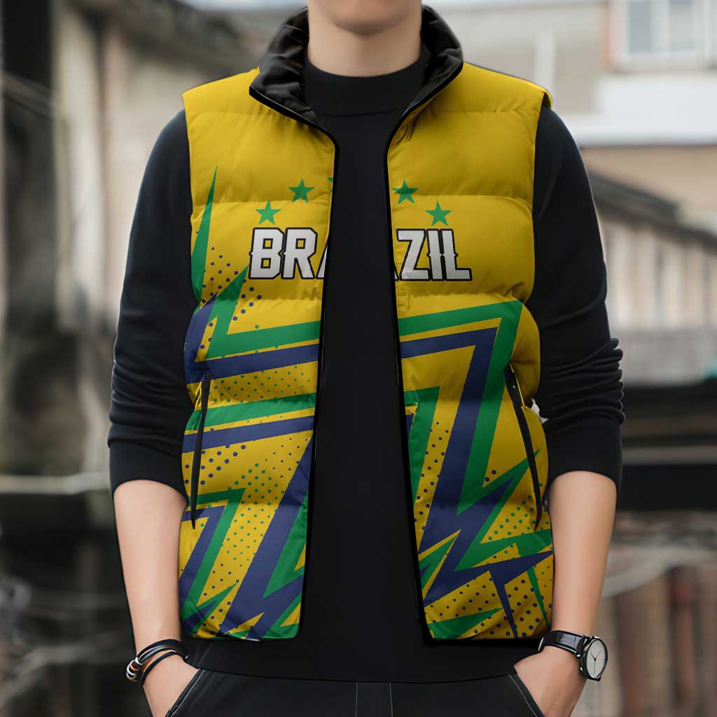 Custom Brazil Football Spirit Sleeveless Puffer Jacket Selecao Canarinho Sporty Style - Wonder Print Shop