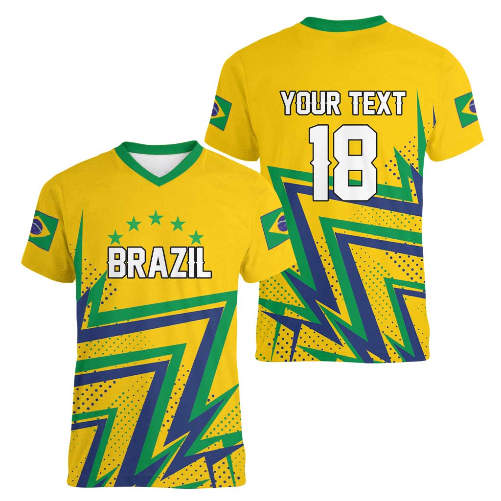 Custom Brazil Football Spirit Women V-Neck T-Shirt Selecao Canarinho Sporty Style - Wonder Print Shop