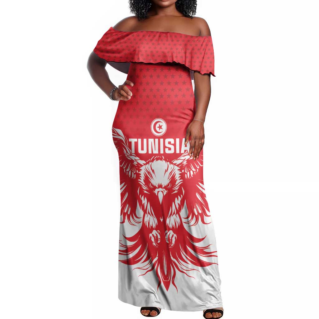 Custom Tunisia Football Off Shoulder Maxi Dress Eagles of Carthage Spirit - Wonder Print Shop