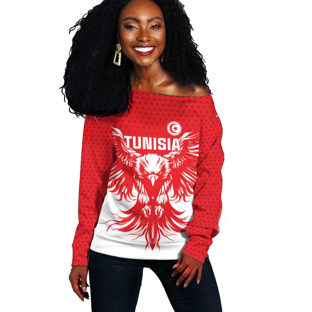 Custom Tunisia Football Off Shoulder Sweater Eagles of Carthage Spirit - Wonder Print Shop