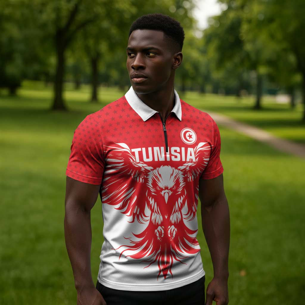 Custom Tunisia Football Zipper Polo Shirt Eagles of Carthage Spirit - Wonder Print Shop
