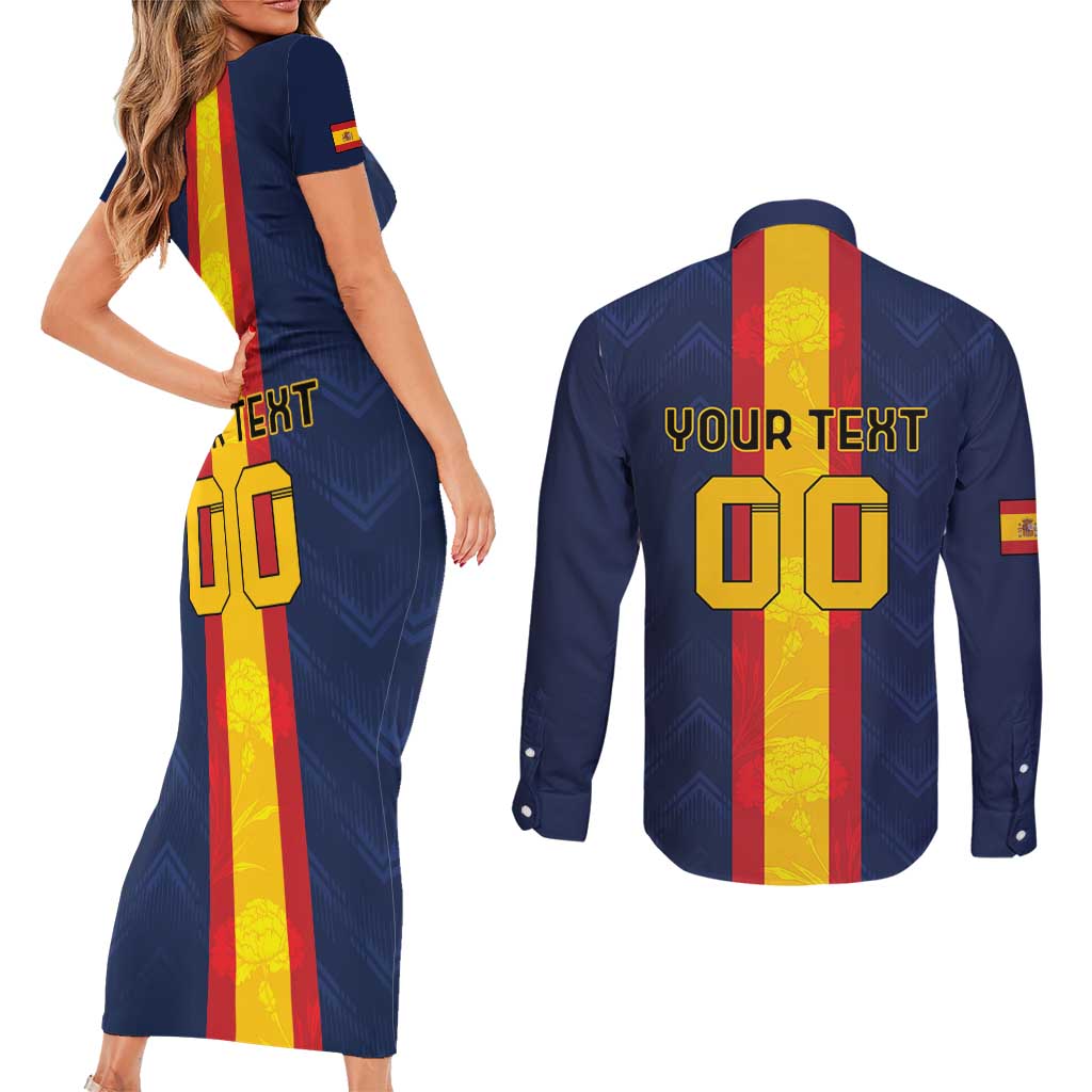 Custom Spain Football Couples Matching Short Sleeve Bodycon Dress and Long Sleeve Button Shirt La Roja With Carnation Pattern