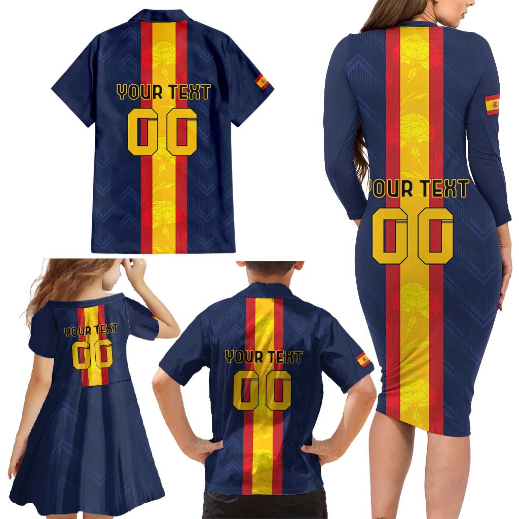 Custom Spain Football Family Matching Long Sleeve Bodycon Dress and Hawaiian Shirt La Roja With Carnation Pattern