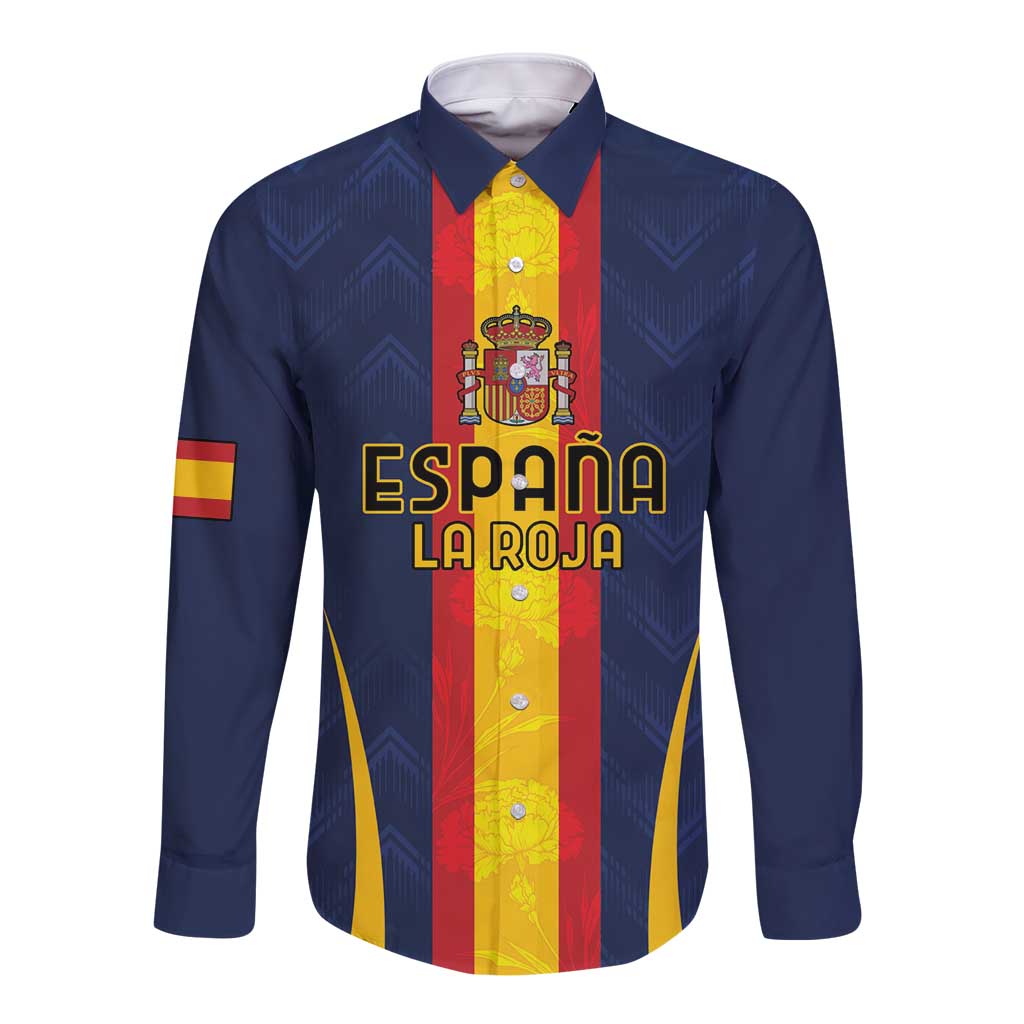 Custom Spain Football Long Sleeve Button Shirt La Roja With Carnation Pattern