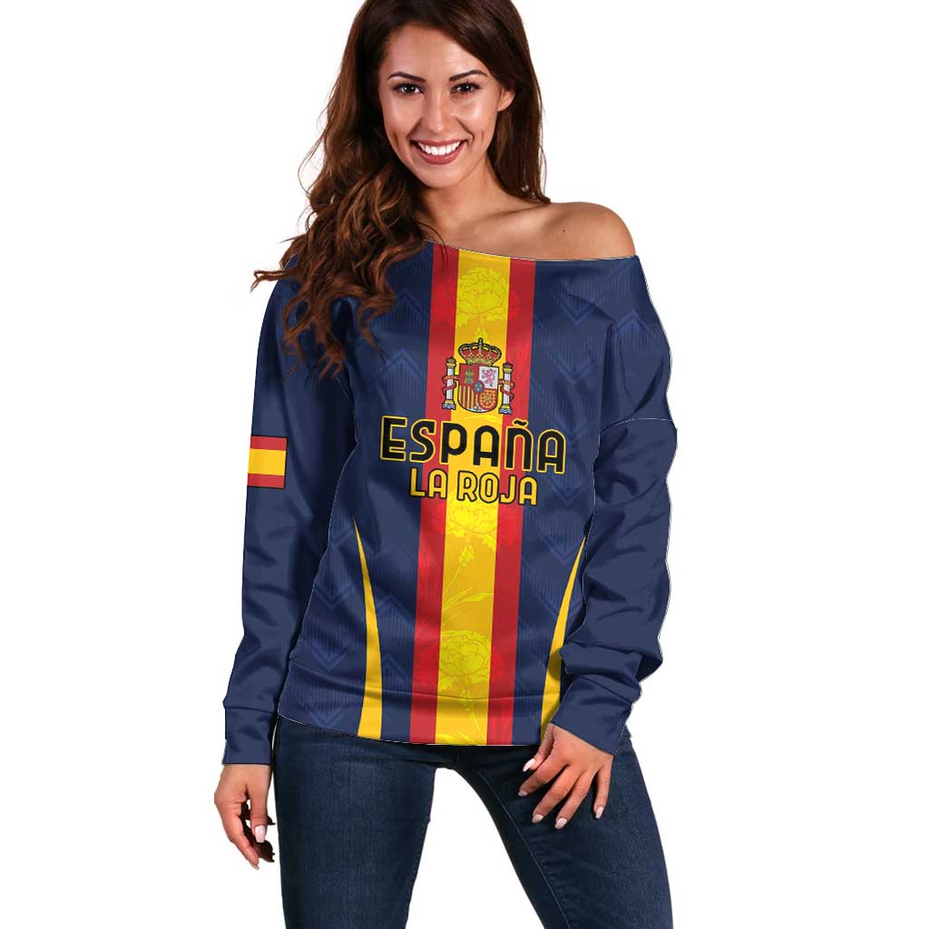 Custom Spain Football Off Shoulder Sweater La Roja With Carnation Pattern