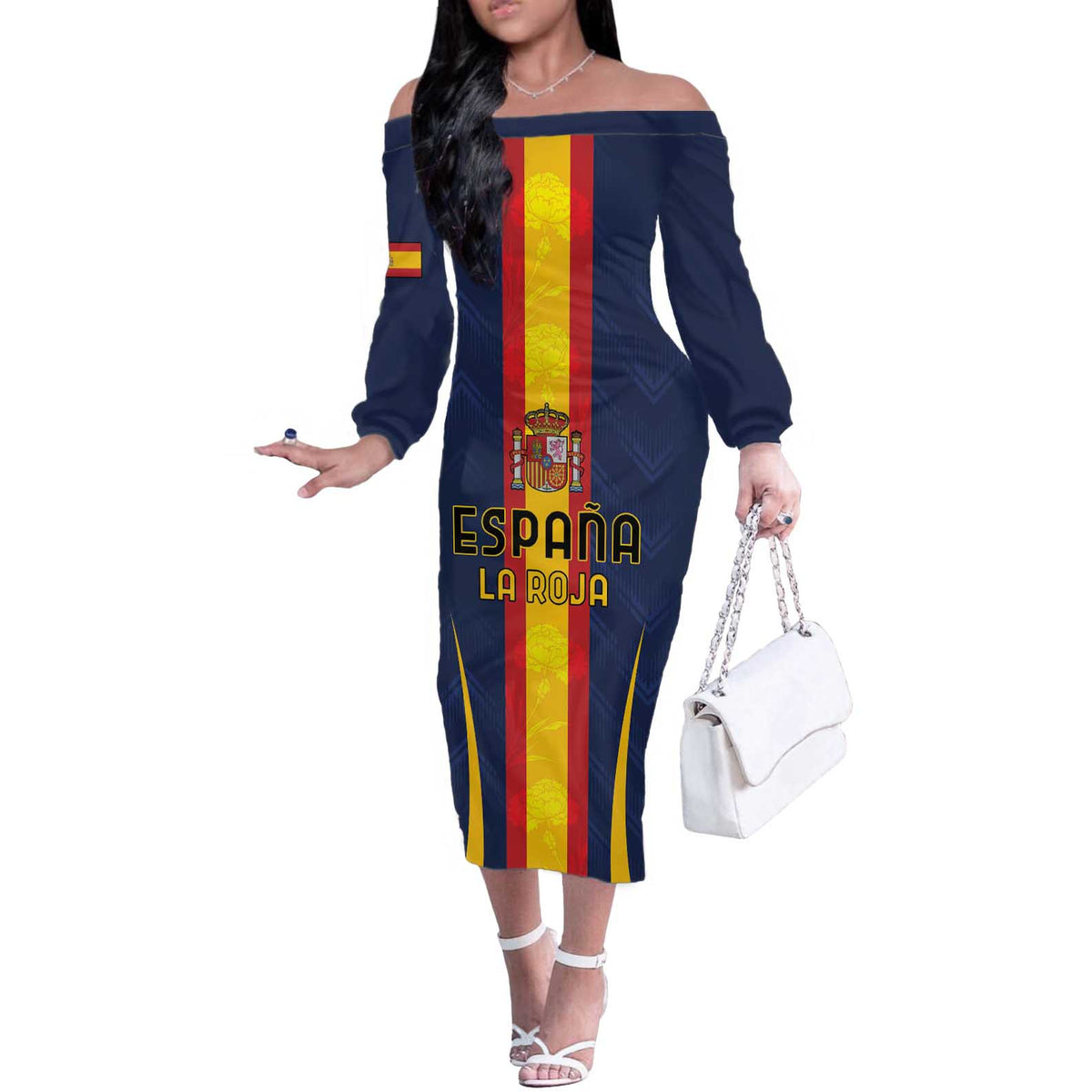 Custom Spain Football Off The Shoulder Long Sleeve Dress La Roja With Carnation Pattern
