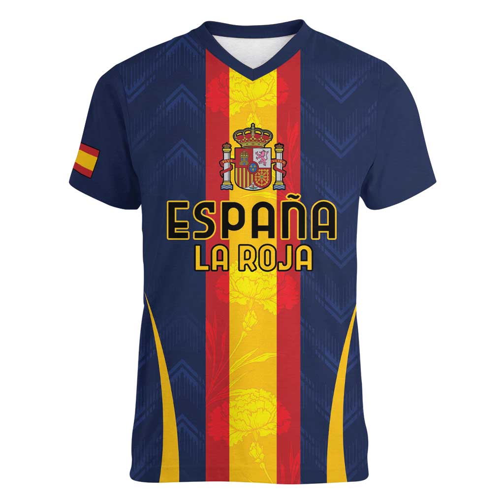 Custom Spain Football Women V-Neck T-Shirt La Roja With Carnation Pattern