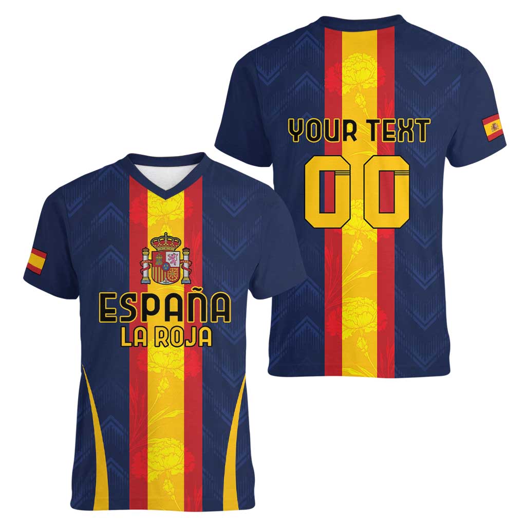 Custom Spain Football Women V-Neck T-Shirt La Roja With Carnation Pattern