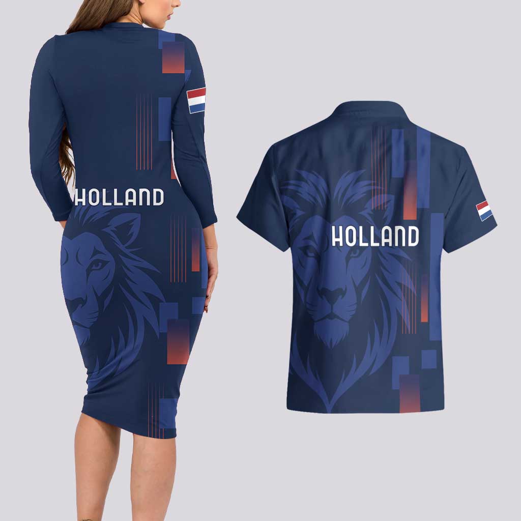 Netherlands Football Couples Matching Long Sleeve Bodycon Dress and Hawaiian Shirt Lion Head Simply Het Nederlands Elftal