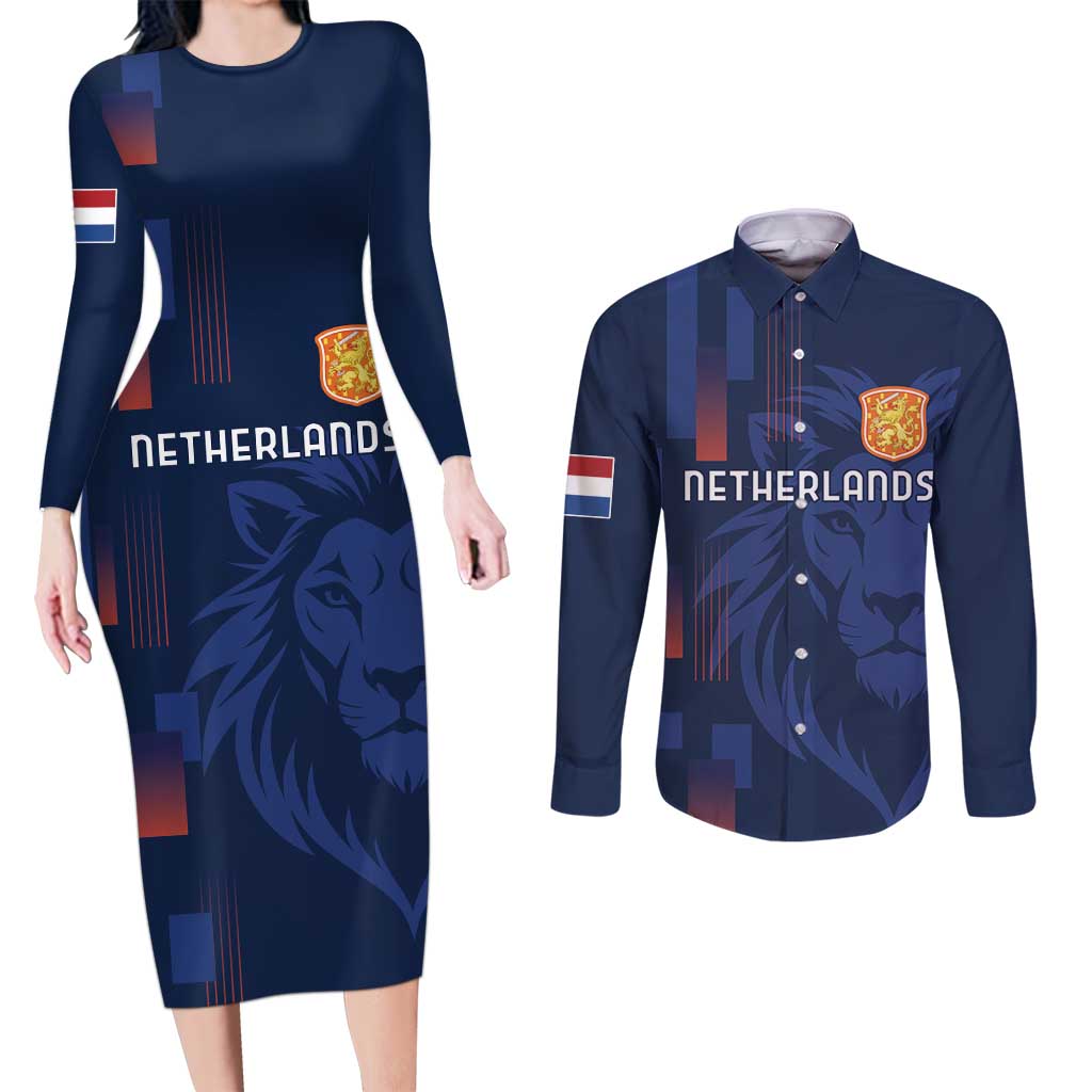 Netherlands Football Couples Matching Long Sleeve Bodycon Dress and Long Sleeve Button Shirt Lion Head Simply Het Nederlands Elftal