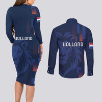 Netherlands Football Couples Matching Long Sleeve Bodycon Dress and Long Sleeve Button Shirt Lion Head Simply Het Nederlands Elftal