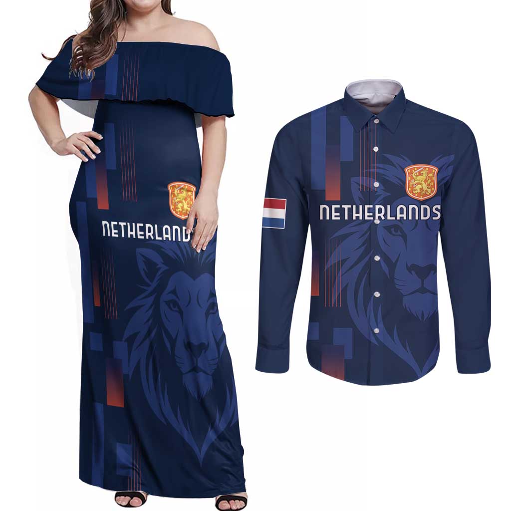 Netherlands Football Couples Matching Off Shoulder Maxi Dress and Long Sleeve Button Shirt Lion Head Simply Het Nederlands Elftal