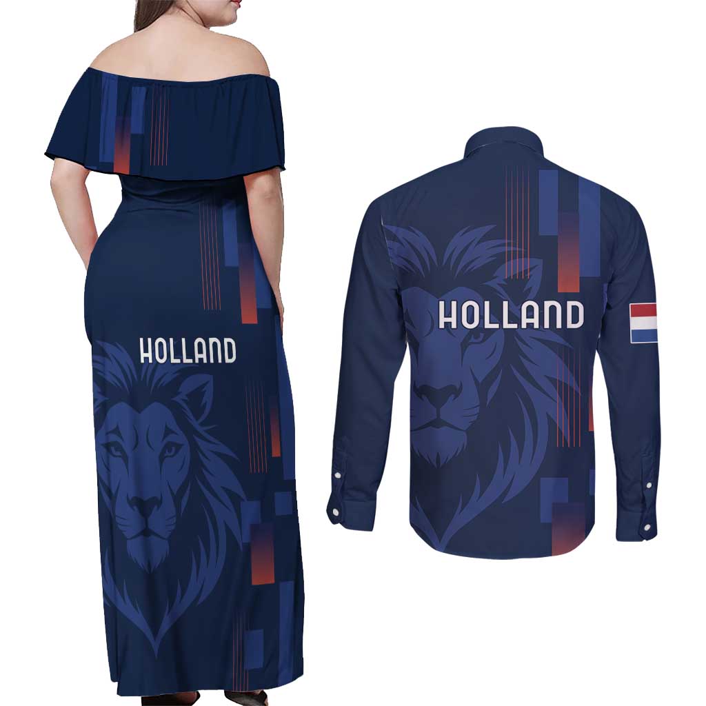 Netherlands Football Couples Matching Off Shoulder Maxi Dress and Long Sleeve Button Shirt Lion Head Simply Het Nederlands Elftal