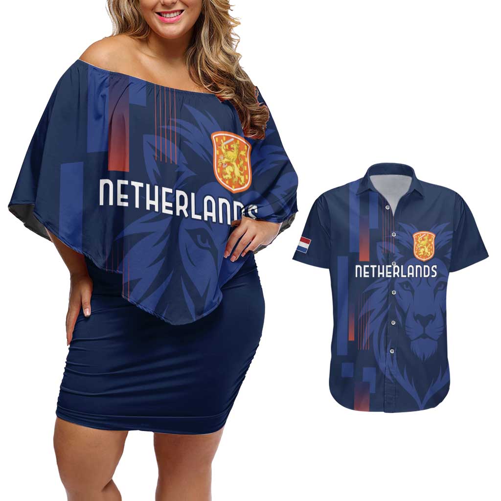 Netherlands Football Couples Matching Off Shoulder Short Dress and Hawaiian Shirt Lion Head Simply Het Nederlands Elftal