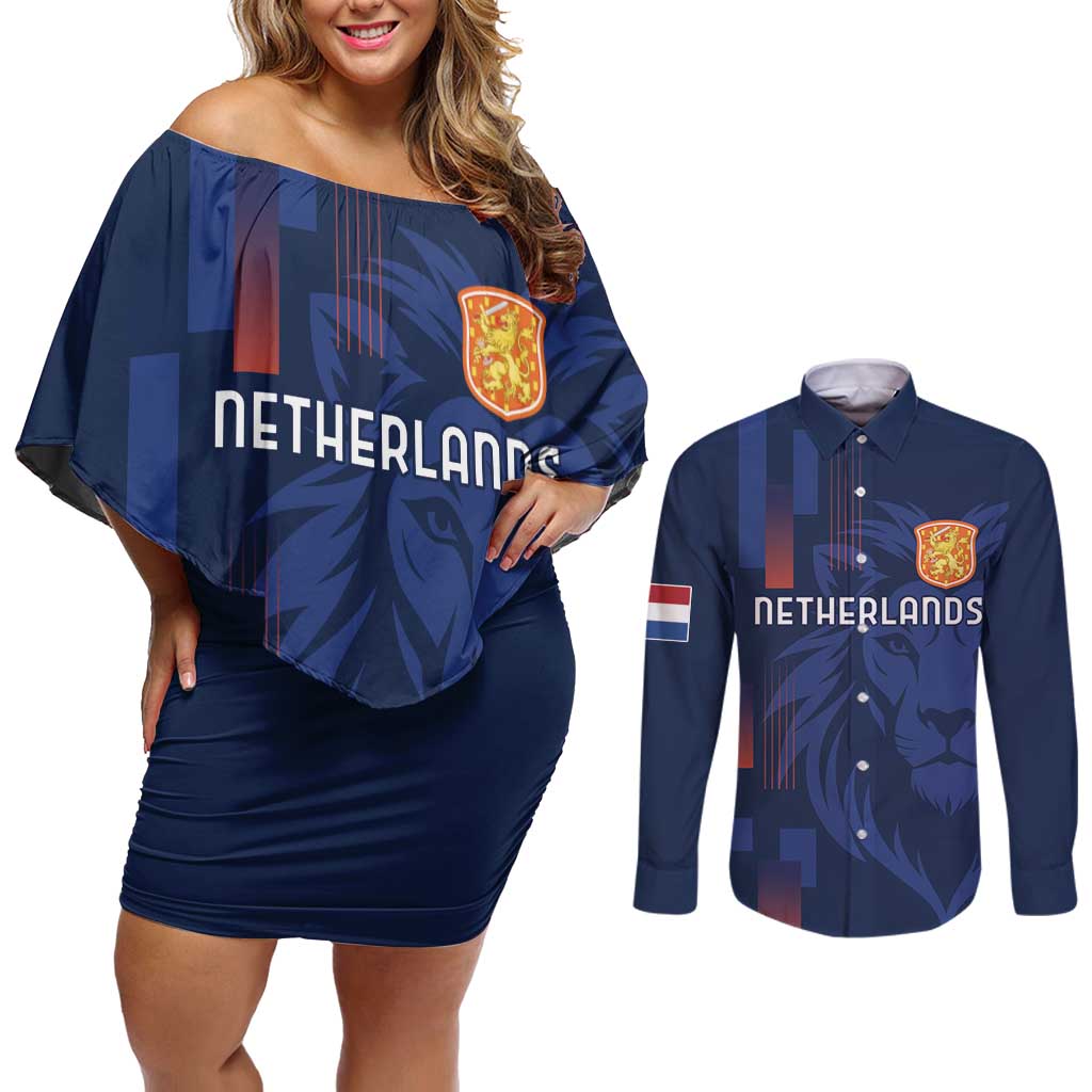 Netherlands Football Couples Matching Off Shoulder Short Dress and Long Sleeve Button Shirt Lion Head Simply Het Nederlands Elftal