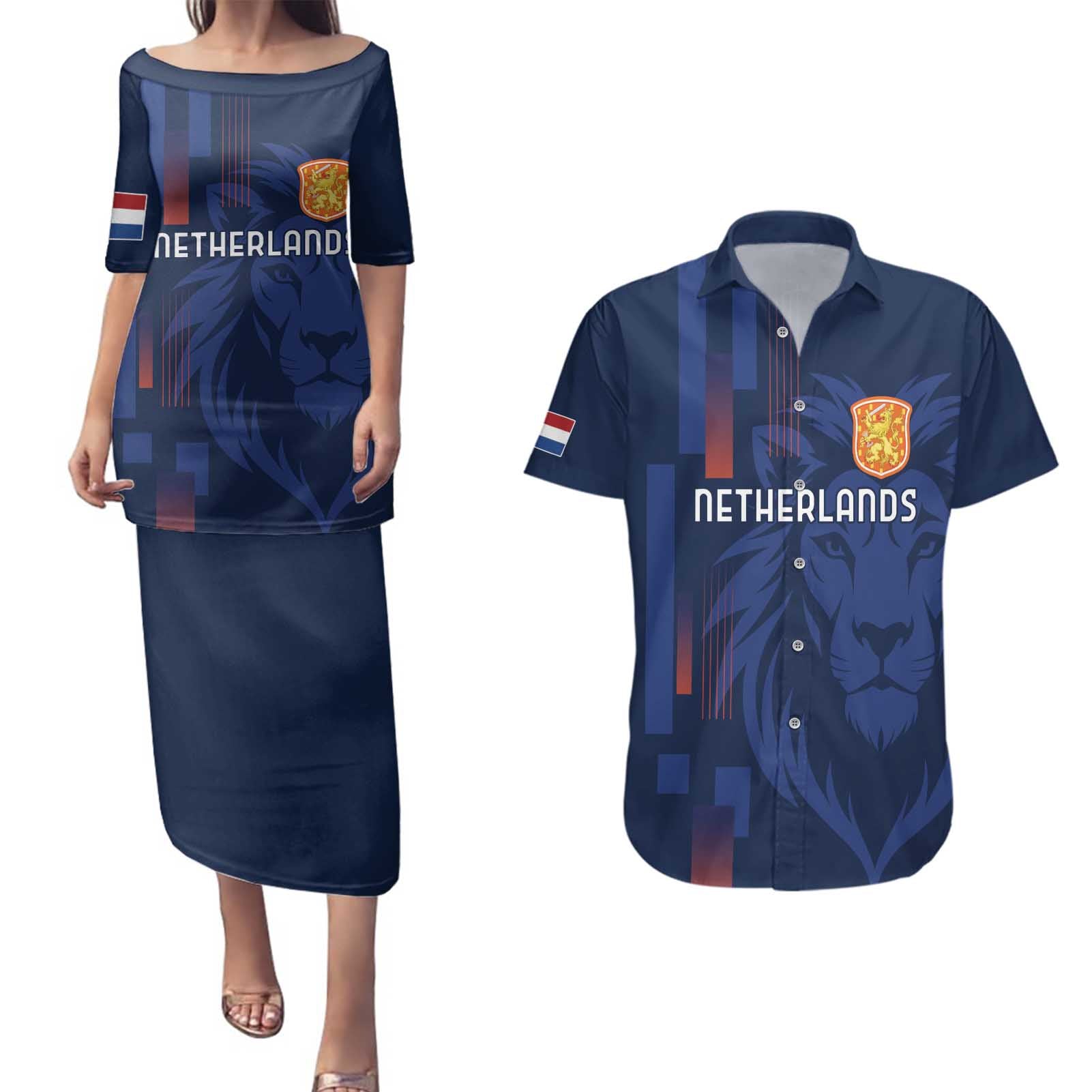 Netherlands Football Couples Matching Puletasi and Hawaiian Shirt Lion Head Simply Het Nederlands Elftal