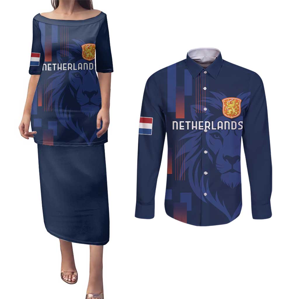 Netherlands Football Couples Matching Puletasi and Long Sleeve Button Shirt Lion Head Simply Het Nederlands Elftal
