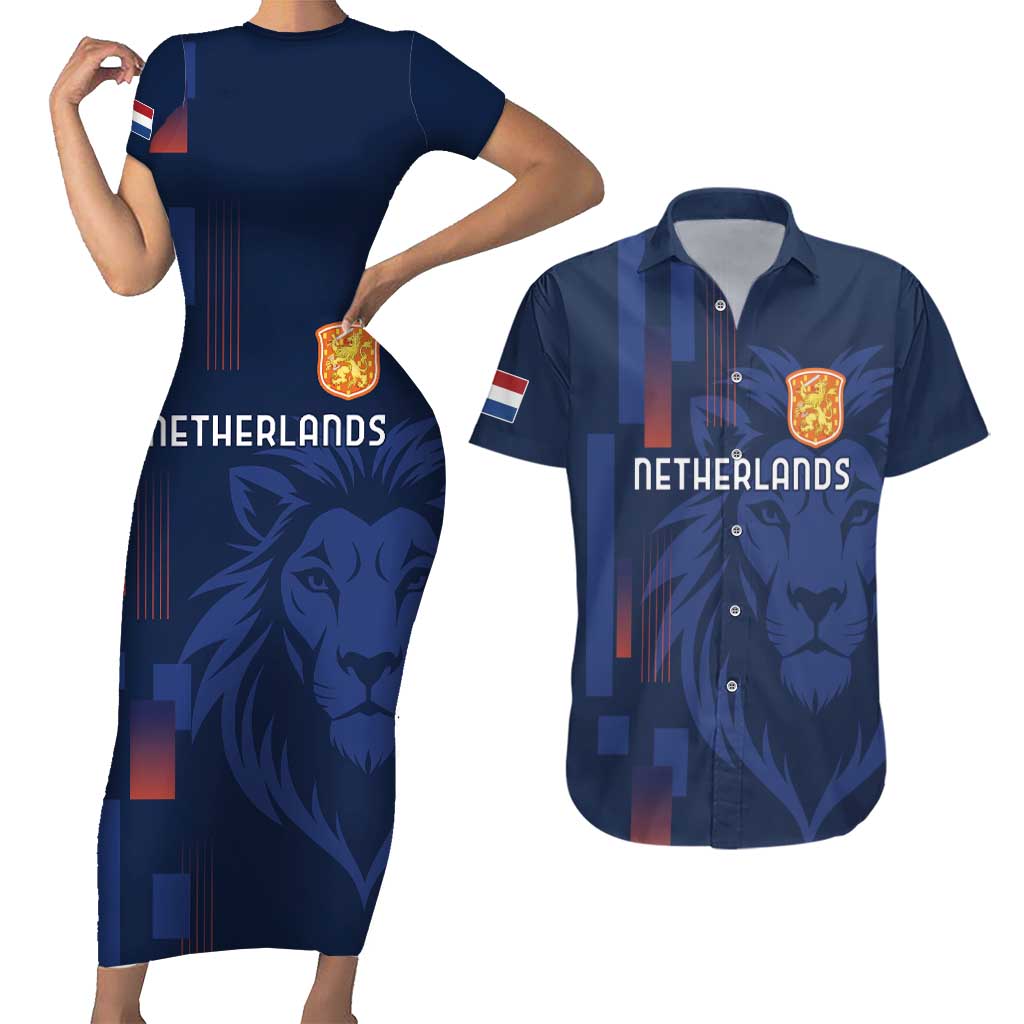 Netherlands Football Couples Matching Short Sleeve Bodycon Dress and Hawaiian Shirt Lion Head Simply Het Nederlands Elftal