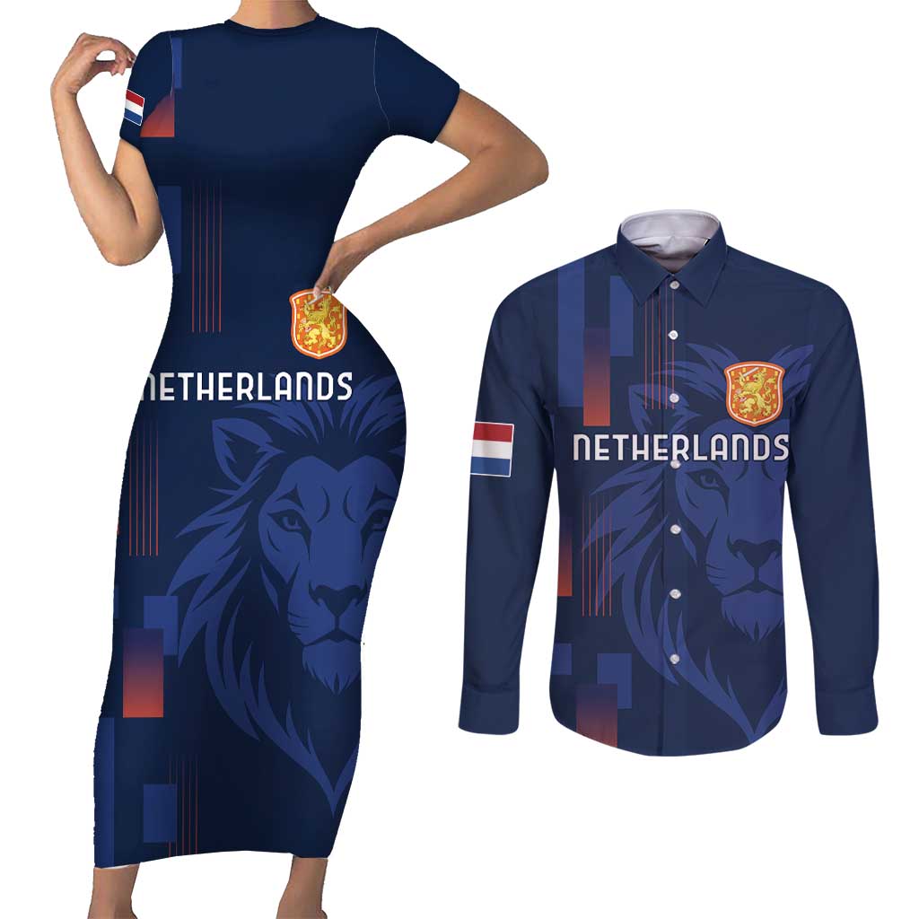 Netherlands Football Couples Matching Short Sleeve Bodycon Dress and Long Sleeve Button Shirt Lion Head Simply Het Nederlands Elftal