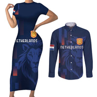 Netherlands Football Couples Matching Short Sleeve Bodycon Dress and Long Sleeve Button Shirt Lion Head Simply Het Nederlands Elftal