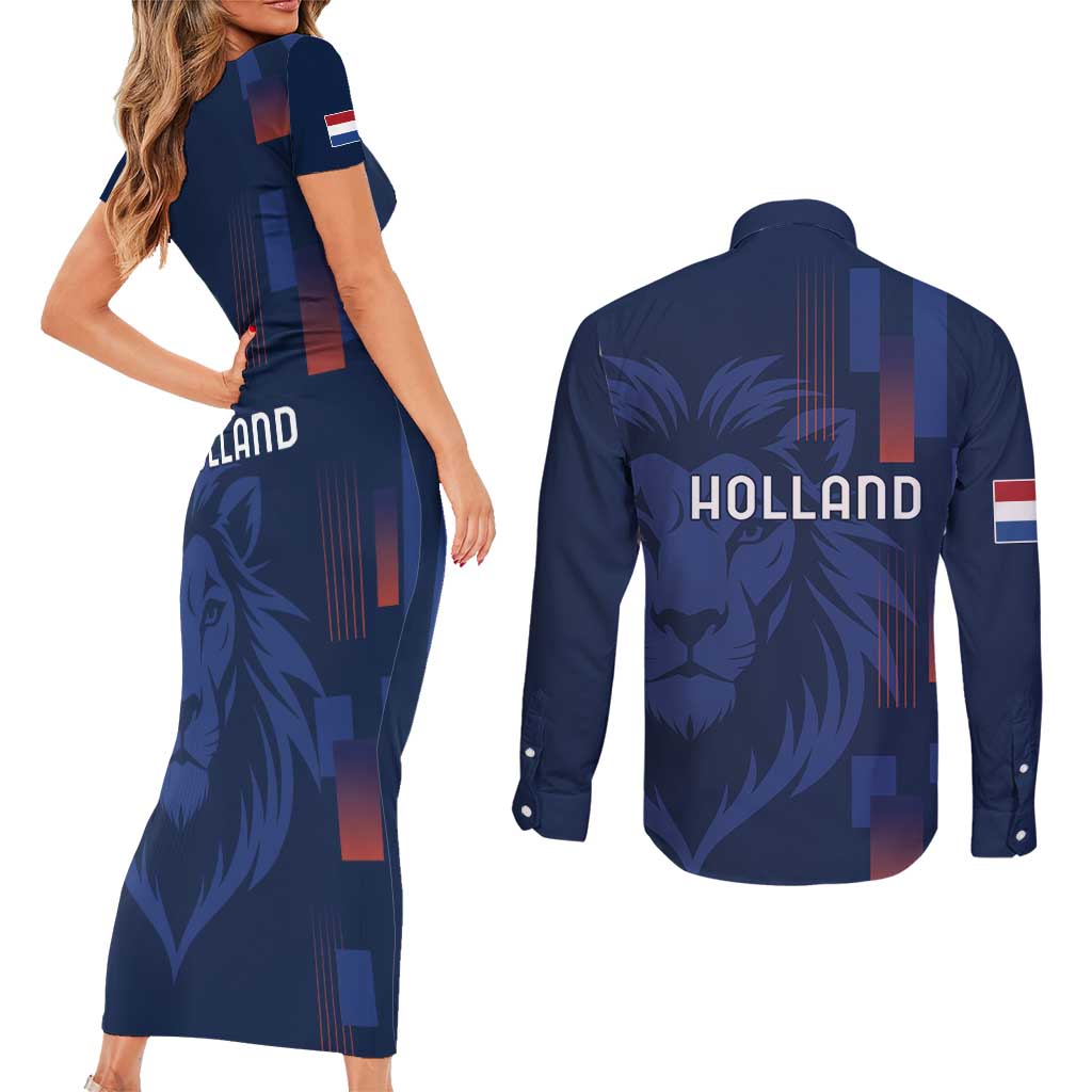Netherlands Football Couples Matching Short Sleeve Bodycon Dress and Long Sleeve Button Shirt Lion Head Simply Het Nederlands Elftal