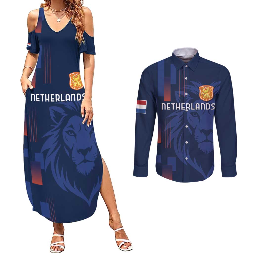Netherlands Football Couples Matching Summer Maxi Dress and Long Sleeve Button Shirt Lion Head Simply Het Nederlands Elftal