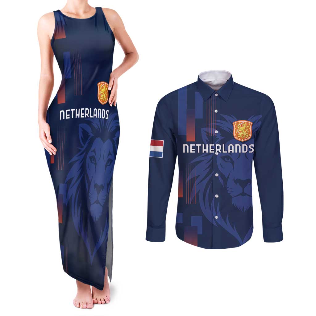 Netherlands Football Couples Matching Tank Maxi Dress and Long Sleeve Button Shirt Lion Head Simply Het Nederlands Elftal