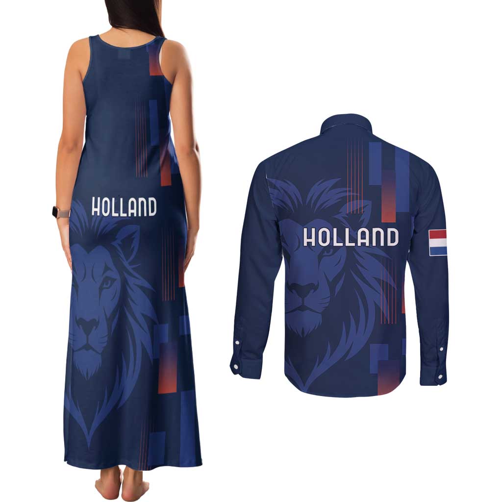 Netherlands Football Couples Matching Tank Maxi Dress and Long Sleeve Button Shirt Lion Head Simply Het Nederlands Elftal