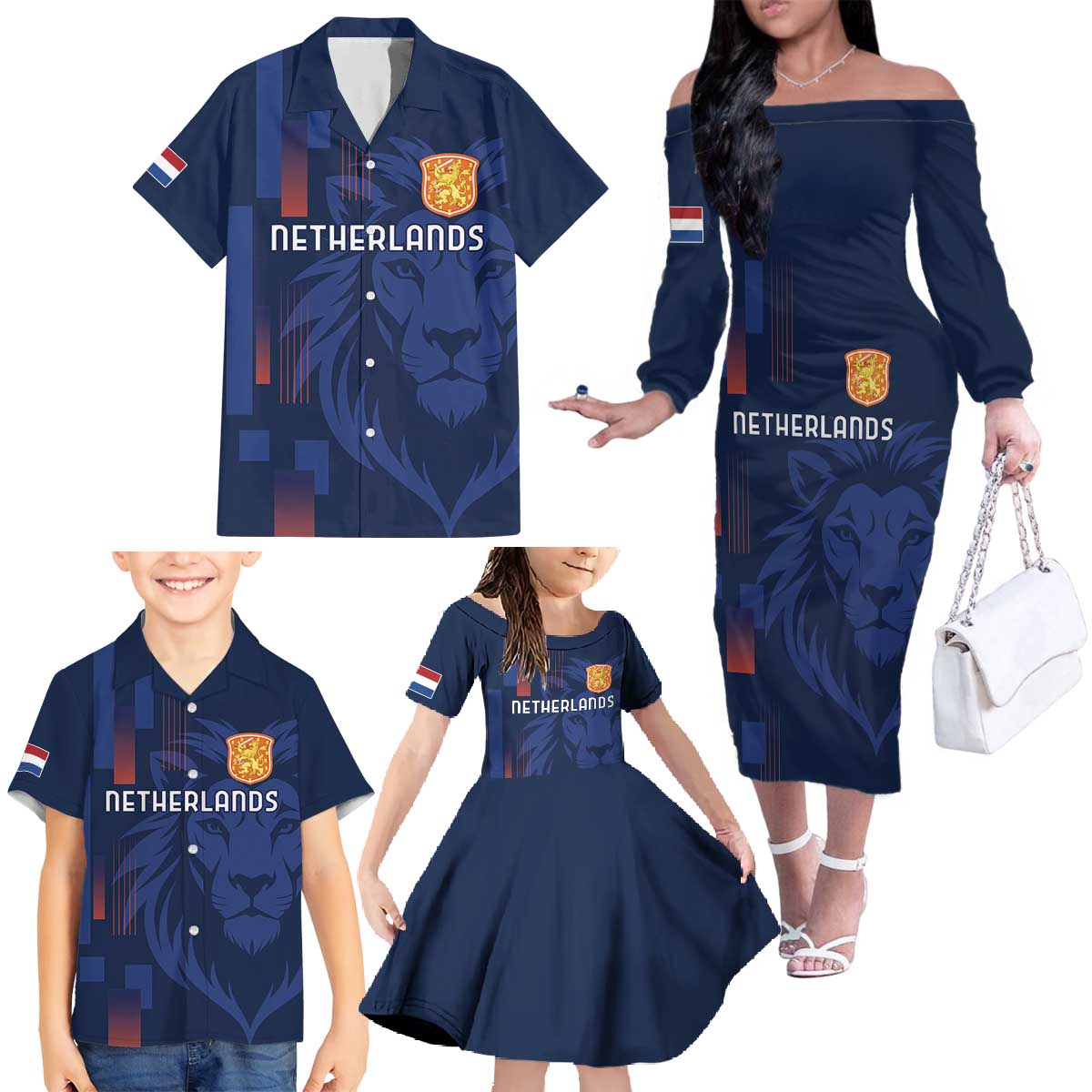 Netherlands Football Family Matching Off The Shoulder Long Sleeve Dress and Hawaiian Shirt Lion Head Simply Het Nederlands Elftal