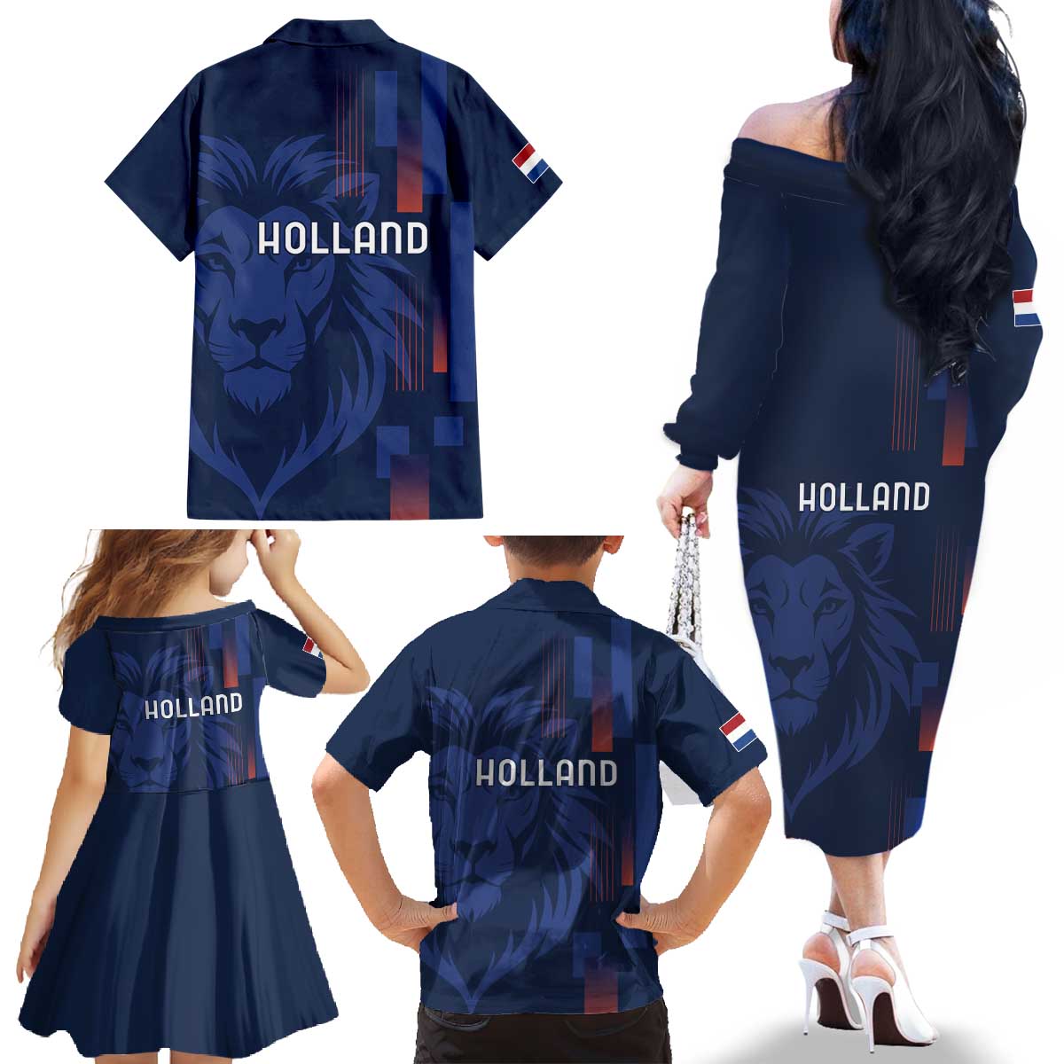 Netherlands Football Family Matching Off The Shoulder Long Sleeve Dress and Hawaiian Shirt Lion Head Simply Het Nederlands Elftal