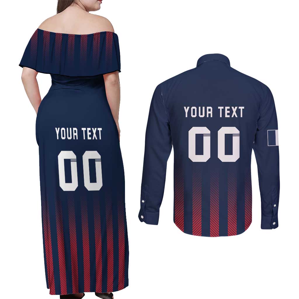 Custom France Football Couples Matching Off Shoulder Maxi Dress and Long Sleeve Button Shirt Les Bleus Gallic Rooster