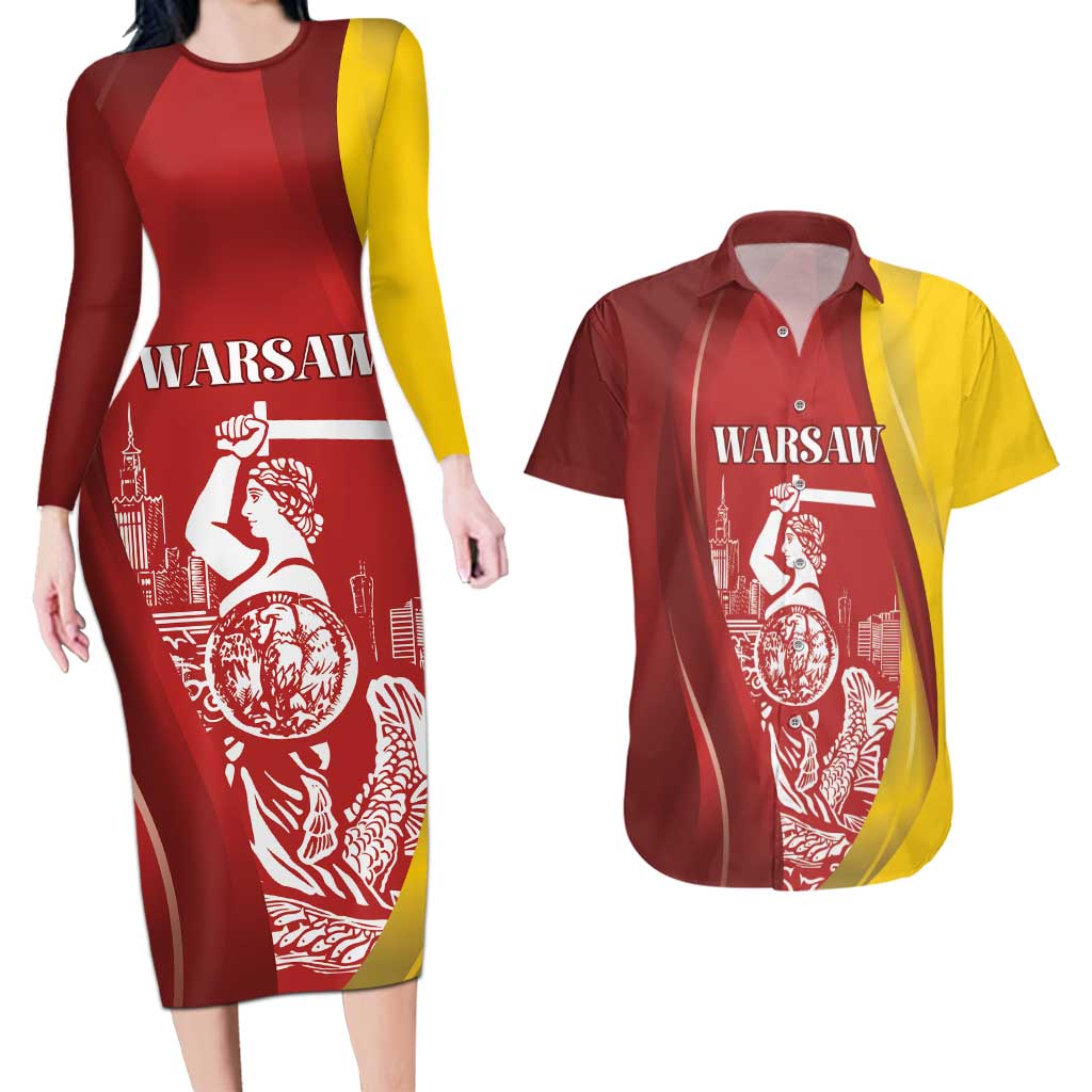 Warsaw Capital of Poland Personalized Couples Matching Long Sleeve Bodycon Dress and Hawaiian Shirt Syrenka Warszawska Sporty Style