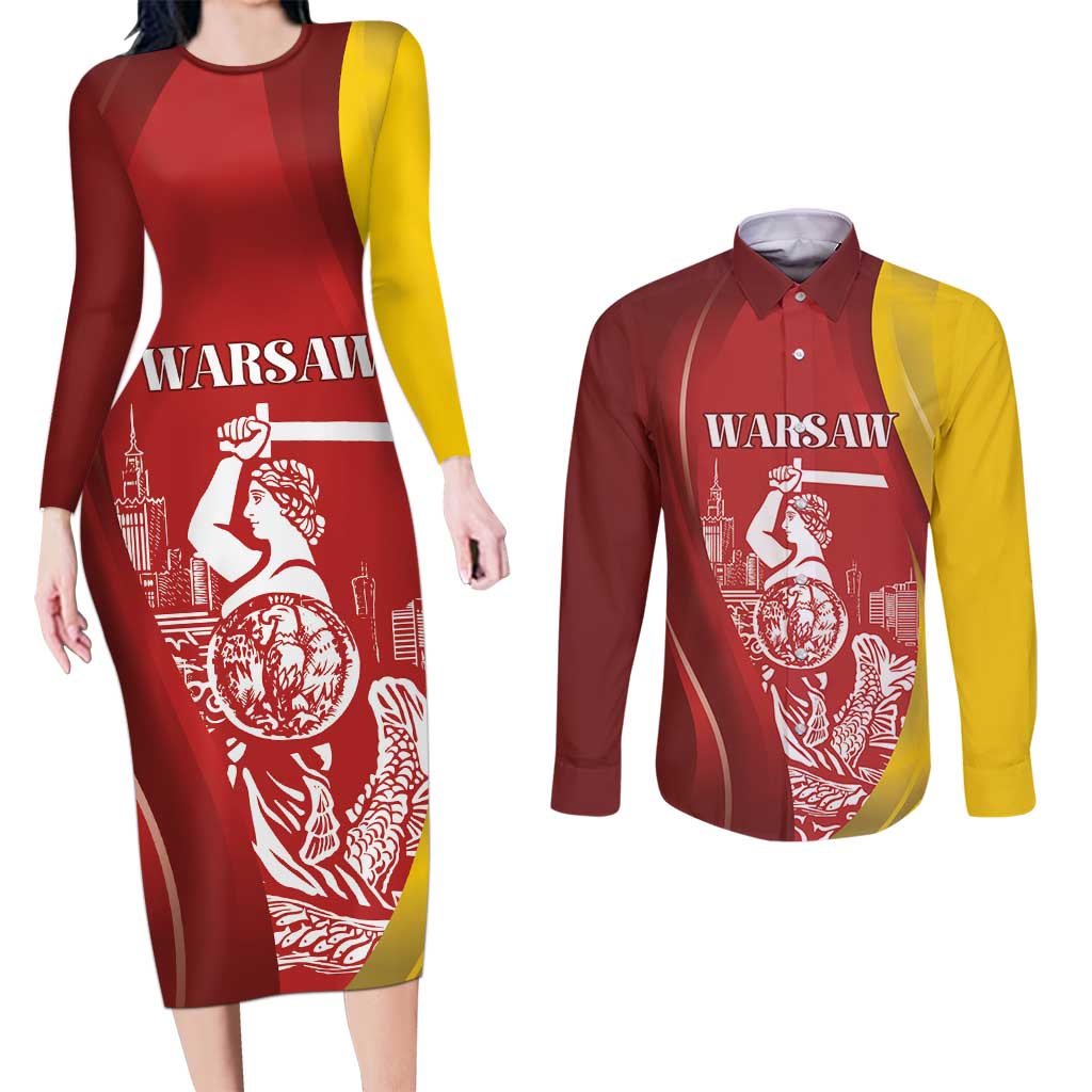 Warsaw Capital of Poland Personalized Couples Matching Long Sleeve Bodycon Dress and Long Sleeve Button Shirt Syrenka Warszawska Sporty Style