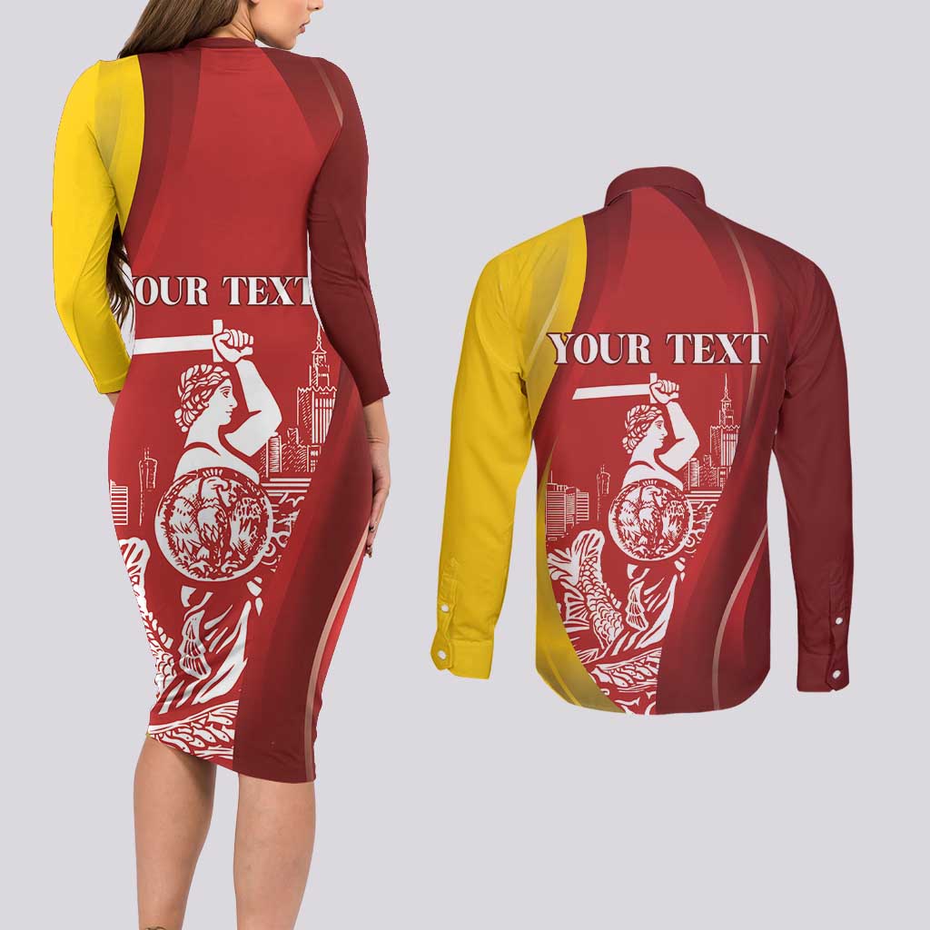 Warsaw Capital of Poland Personalized Couples Matching Long Sleeve Bodycon Dress and Long Sleeve Button Shirt Syrenka Warszawska Sporty Style