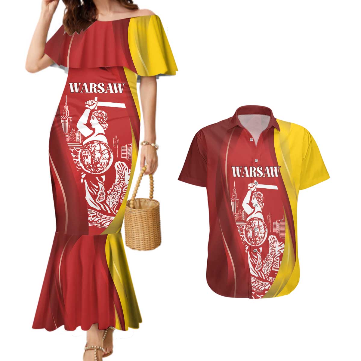 Warsaw Capital of Poland Personalized Couples Matching Mermaid Dress and Hawaiian Shirt Syrenka Warszawska Sporty Style