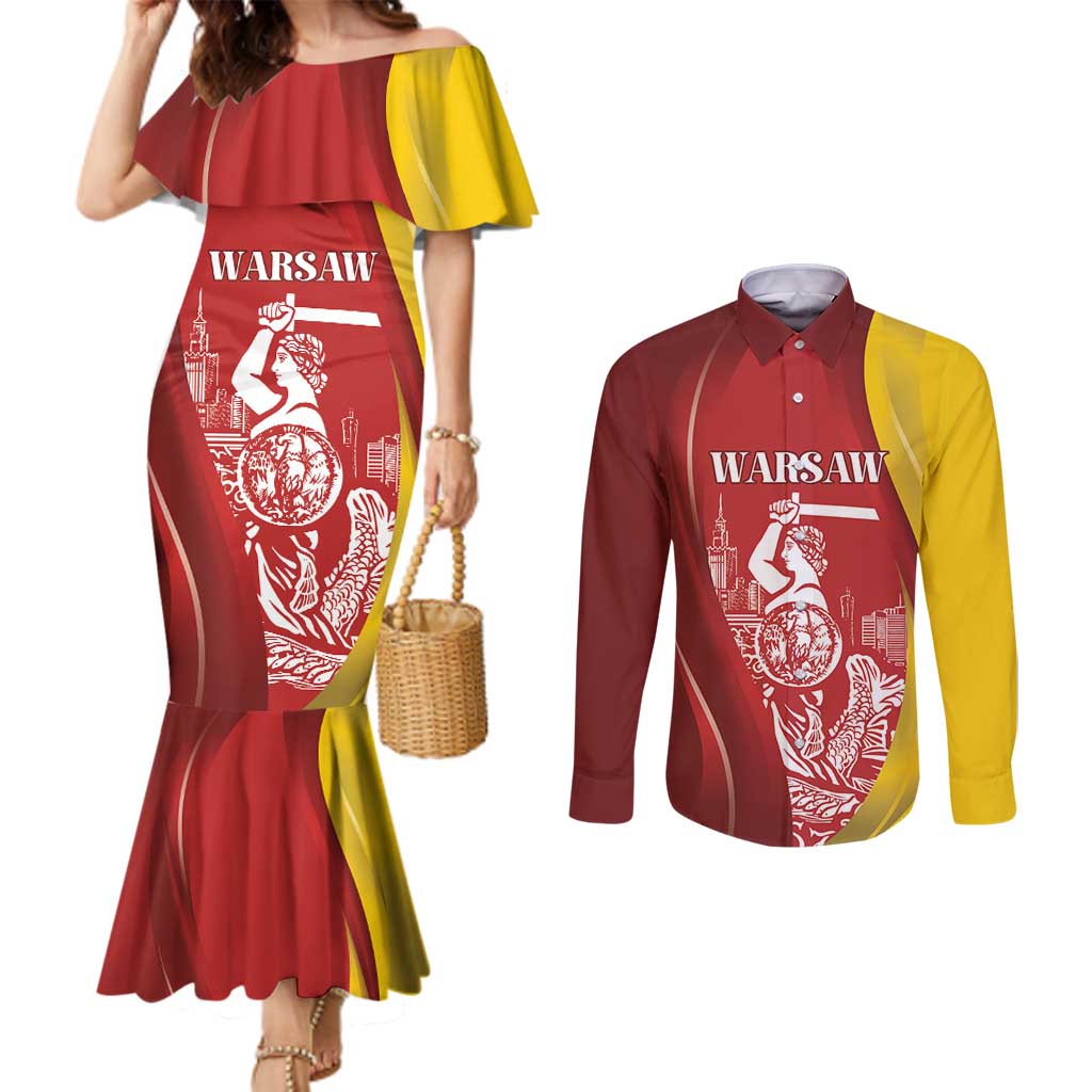 Warsaw Capital of Poland Personalized Couples Matching Mermaid Dress and Long Sleeve Button Shirt Syrenka Warszawska Sporty Style