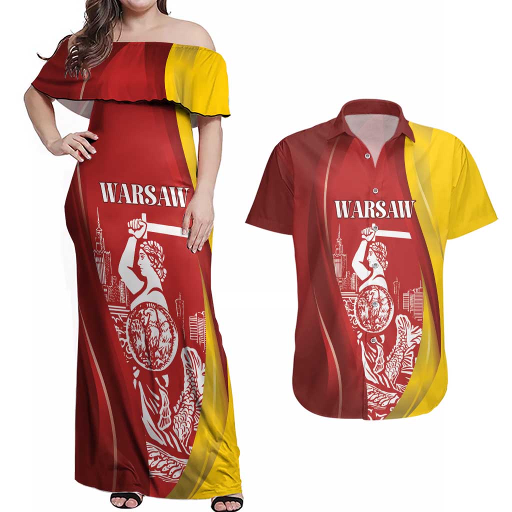 Warsaw Capital of Poland Personalized Couples Matching Off Shoulder Maxi Dress and Hawaiian Shirt Syrenka Warszawska Sporty Style