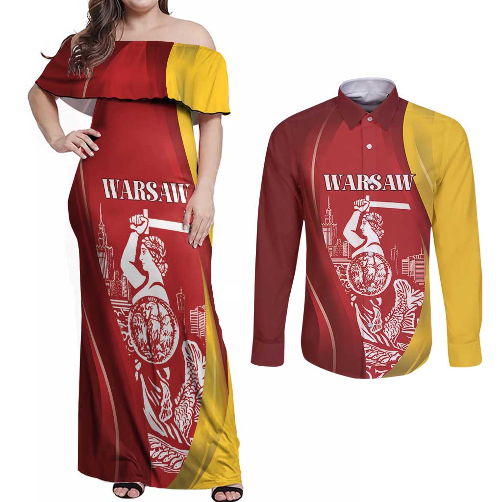 Warsaw Capital of Poland Personalized Couples Matching Off Shoulder Maxi Dress and Long Sleeve Button Shirt Syrenka Warszawska Sporty Style