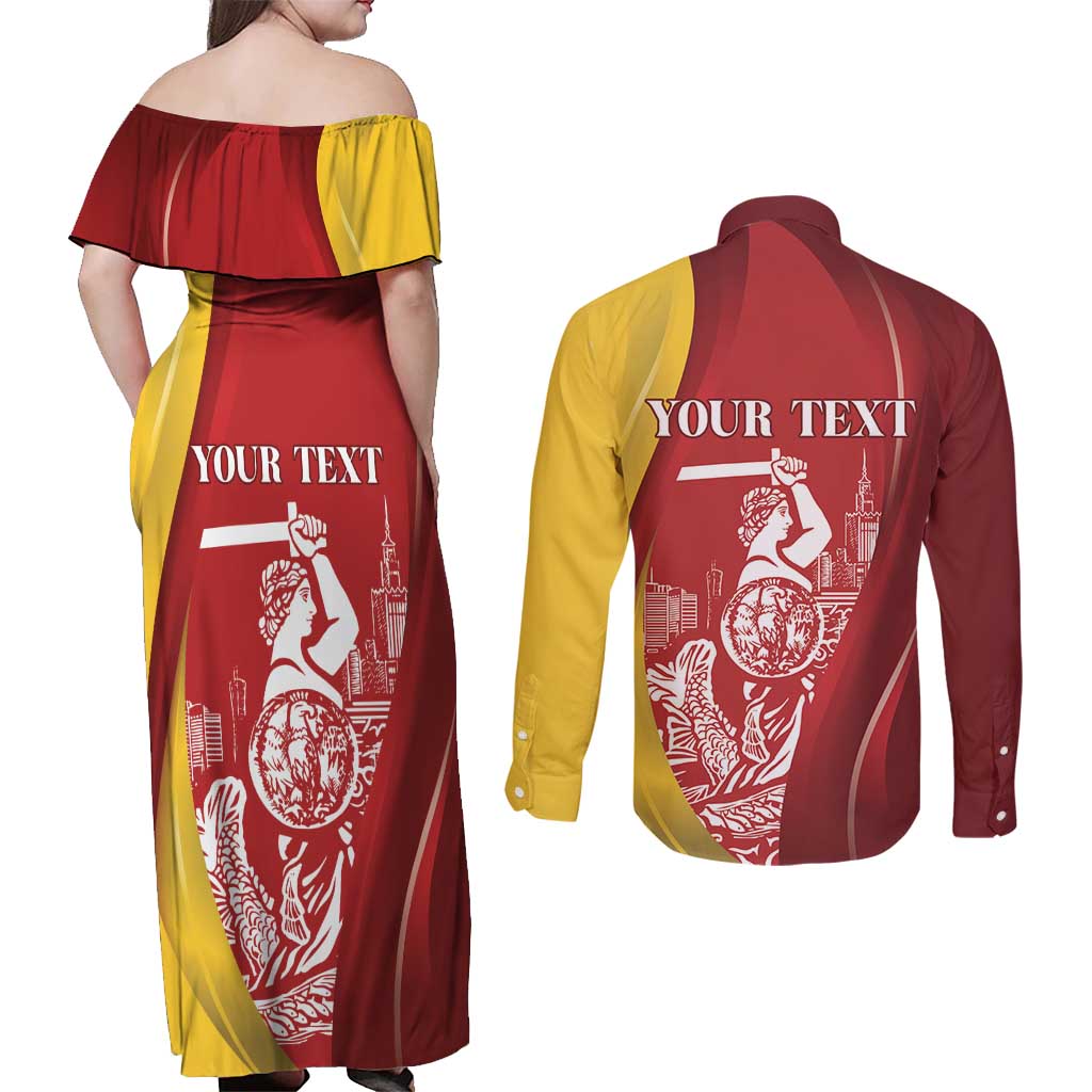 Warsaw Capital of Poland Personalized Couples Matching Off Shoulder Maxi Dress and Long Sleeve Button Shirt Syrenka Warszawska Sporty Style