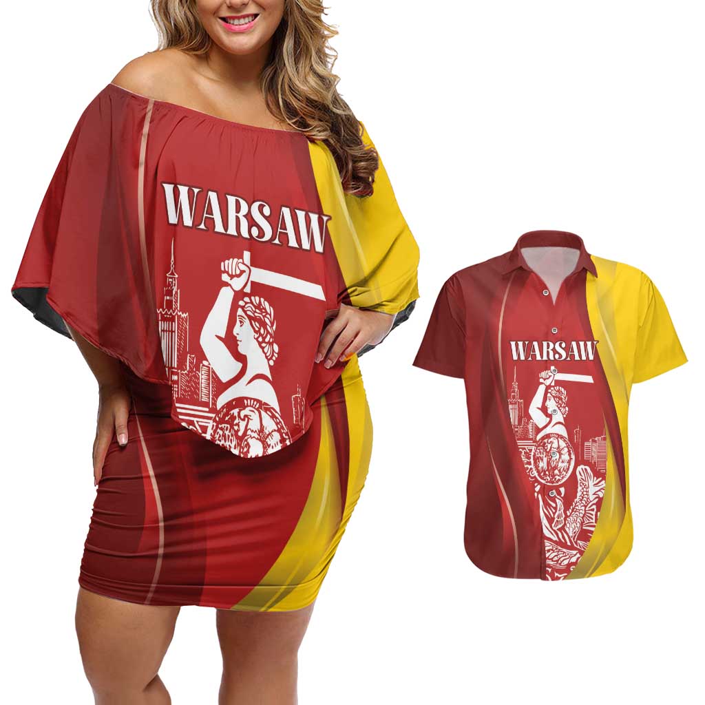 Warsaw Capital of Poland Personalized Couples Matching Off Shoulder Short Dress and Hawaiian Shirt Syrenka Warszawska Sporty Style